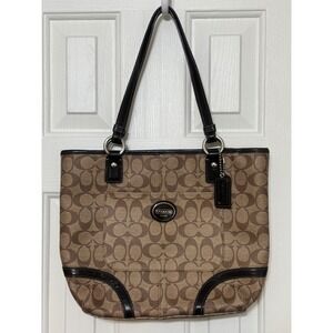 Coach‎ Monogram Signature Canvas Leather Trim Tote Bag Brown Black